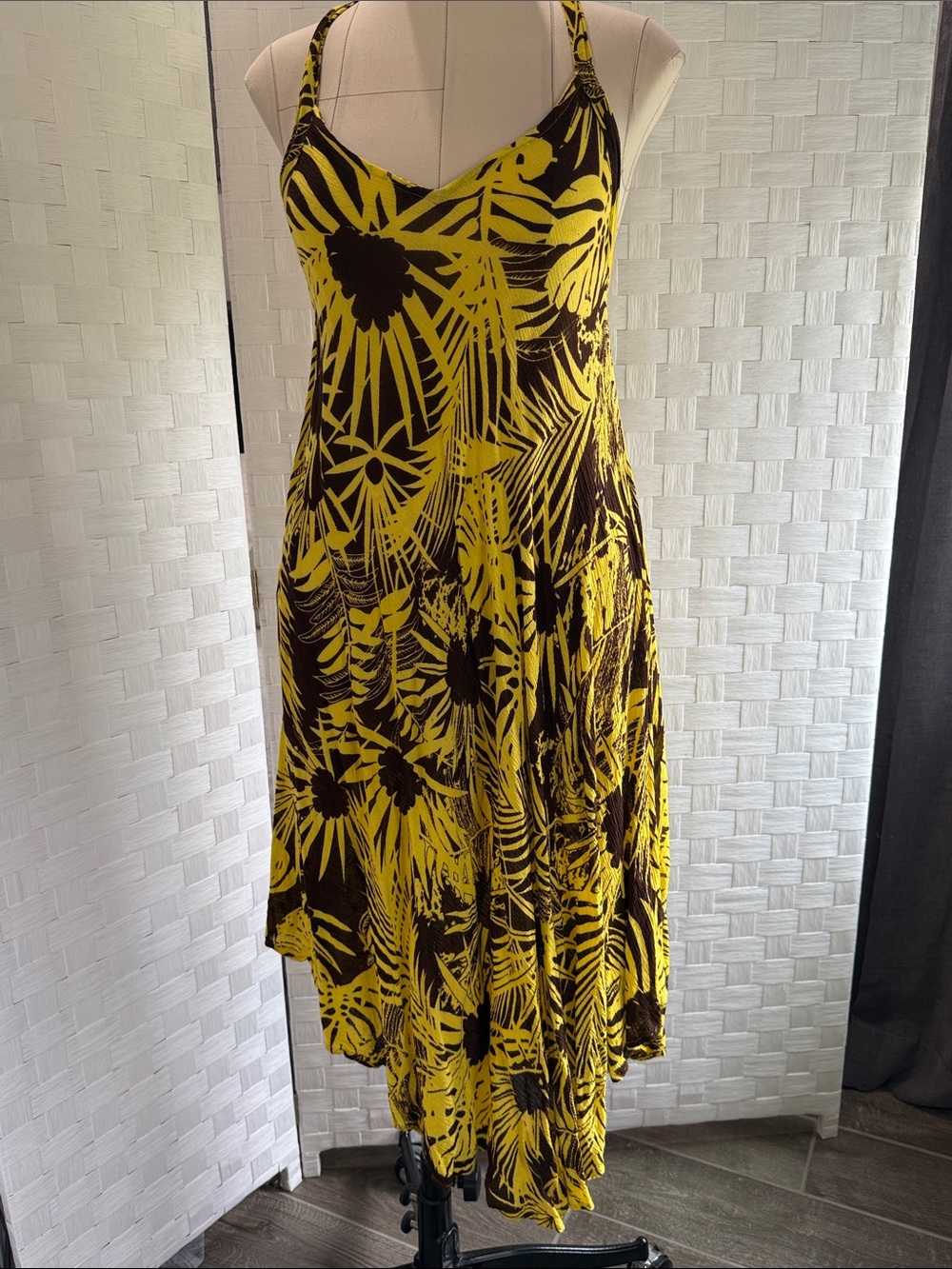 Asymmetrical Yellow & Brown Tropical Print Slip Dress
